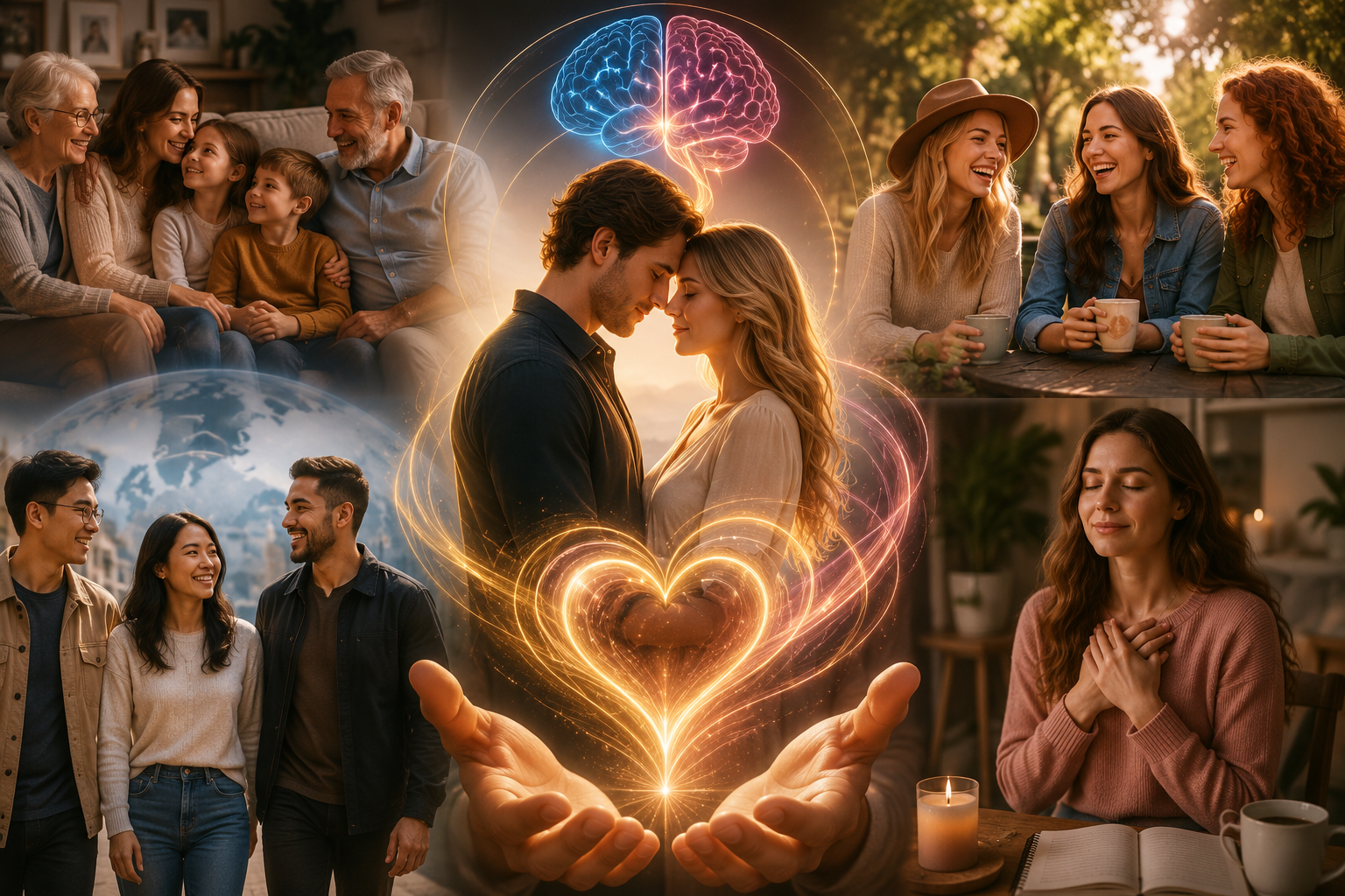 Familial, platonic, universal, and romantic forms of love represented through human connection and attachment
