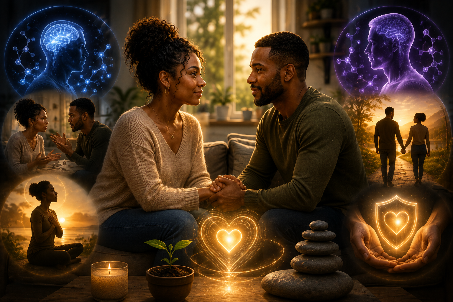 Couple strengthening their relationship through pair bonding, reciprocity, communication, emotional security, and mutual growth