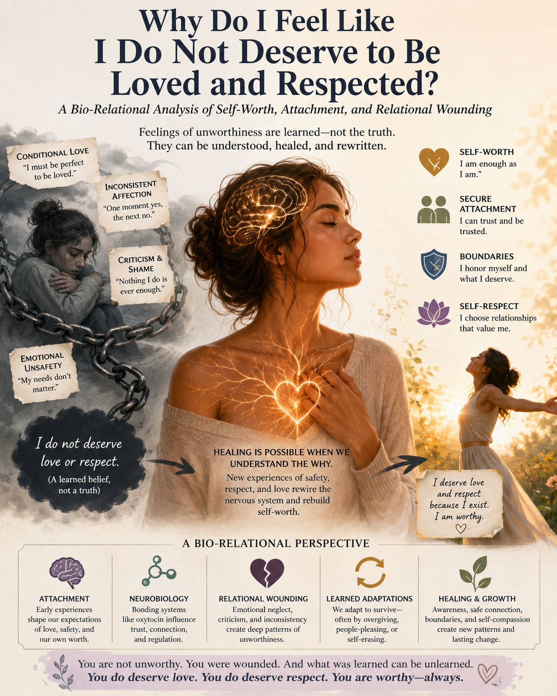 Woman reflecting on self-worth, attachment, relational wounds, love, respect, and healing